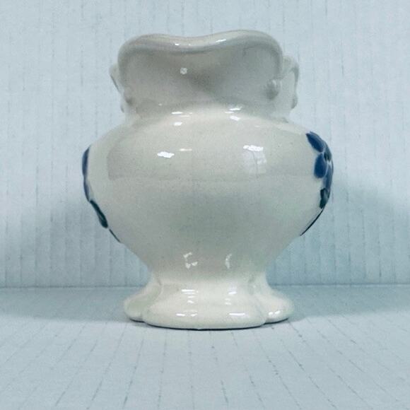Vintage Folk Art Creamer/ Small Pitcher Ceramic Hand Painted White w/Blue Flower - Picture 2 of 12